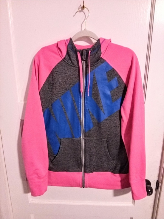 Nike Tops - NIKE Women's Gray & Pink Zip Hoodie with Blue Logo